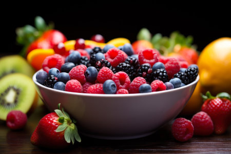 A bowl overflowing with an assortment of fresh, juicy berries, vibrant and ripe.の素材