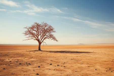 A solitary leafless tree stands in the midst of a vast desert landscape under a clear sky.の素材