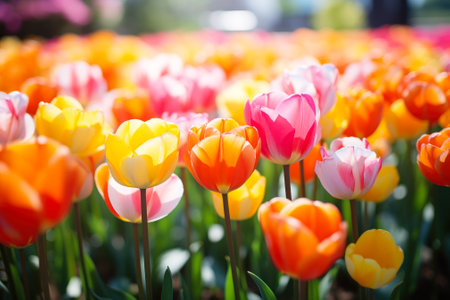 Bright and cheerful tulips in full bloom bask in the soft sunlight, creating a picturesque spring scene.の素材
