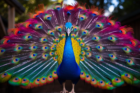 A majestic peacock displays an impressive fan of vibrant, colorful feather plumage.の素材