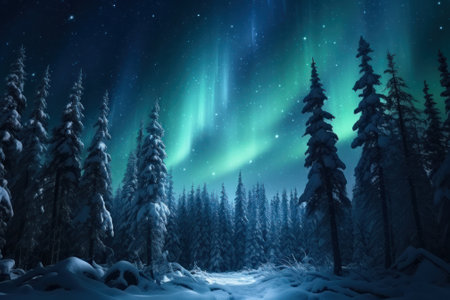 The Northern Lights dance across the starry night sky above a serene, snow-covered pine forest.の素材