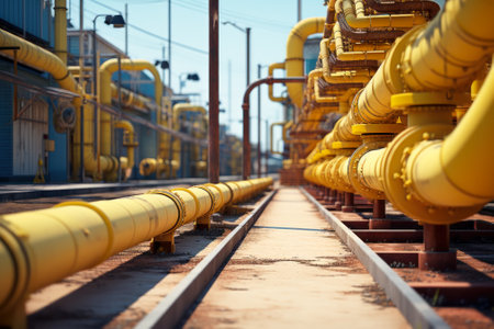 Yellow pipelines running parallel to a railway track in an industrial setting under a clear sky.の素材