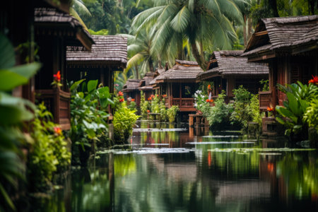 Traditional wooden bungalows of a tropical resort perfectly reflected in the calm waters surrounded by lush foliage.の素材