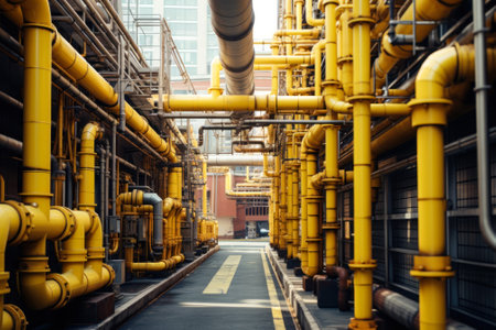 A complex network of yellow pipes runs through a modern industrial facility with an urban backdrop.の素材