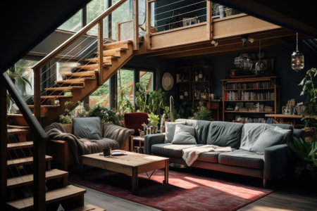 A spacious and warmly lit loft living area with a comfortable couch, bookshelves, and a homey atmosphere.の素材