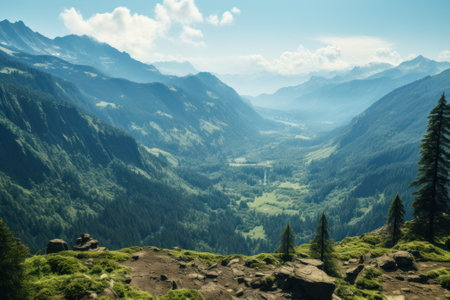 A breathtaking view of a lush alpine valley surrounded by majestic mountain ranges under a clear sky.の素材