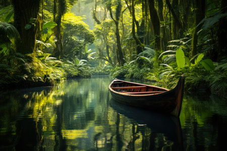 An ornate wooden canoe rests on the reflective waters of a serene jungle river surrounded by lush foliage.の素材