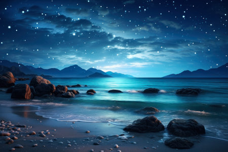 A tranquil beach under a night sky filled with stars, with gentle waves washing over rocks and sand.の素材