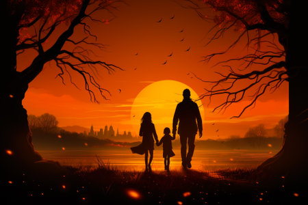 A family is silhouetted against a fiery sunset, walking hand-in-hand in a tranquil park setting.の素材