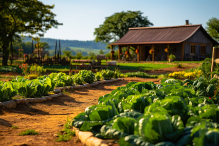 An idyllic rural farmhouse with a vibrant vegetable garden, showing sustainable living and organic farming.の素材