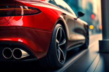 Close-up of a glossy red luxury car's rear with dual exhausts, reflecting the urban streetscape.の素材