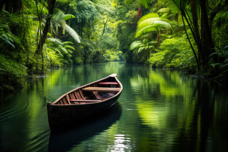 An ornate wooden canoe rests on the reflective waters of a serene jungle river surrounded by lush foliage.の素材