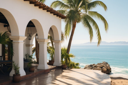 A scenic view of traditional architecture by the seaside, with palm trees swaying and a clear blue ocean backdrop.の素材