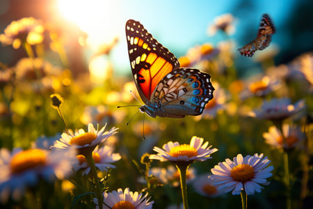 Monarch butterfly perched on a daisy flower, basking in the warm, golden light of sunset.の素材