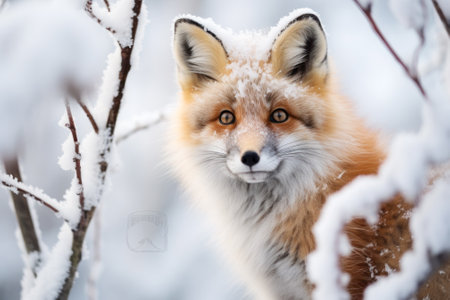 Close-up of a red fox with snowflakes on its fur, against a snowy forest backdrop.の素材