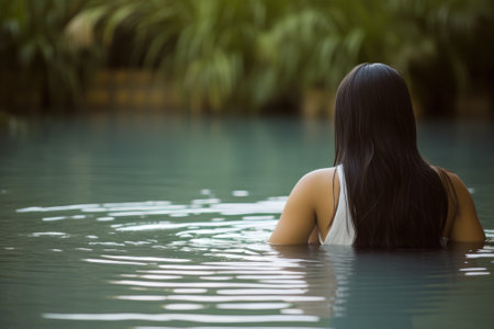A woman sits in a peaceful lake with a reflective surface, surrounded by a tranquil natural environment.の素材