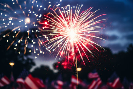 A vibrant firework explodes in the night sky over fluttering American flags at an evening event.の素材