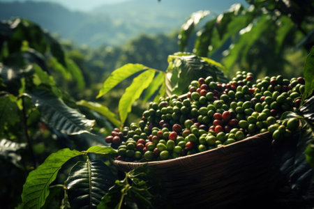 Ripe and unripe coffee cherries in a traditional wicker basket amidst lush green plantation leaves.の素材