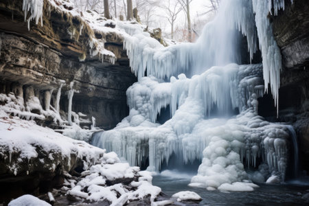 A mesmerizing frozen waterfall cascades down in a tranquil winter wonderland setting, surrounded by ice.の素材