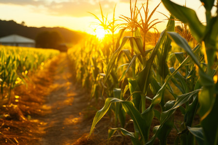 Sunset casting a warm glow on a cornfield with details of corn tassels against a vivid sky.の素材
