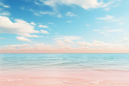 Peaceful sea horizon under a sky with fluffy clouds reflecting soft pink hues.の素材