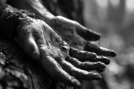 Close-up of muddy hands covered in soil against a natural textured backdrop with subtle lighting.の素材