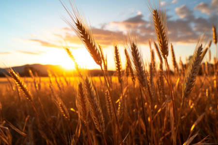 Ripe wheat ears bask in the golden light of a setting sun with a clear sky.の素材