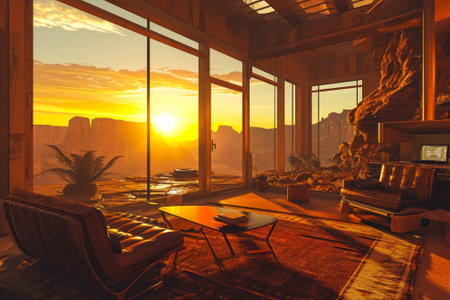 The golden sunset view from the interior of a modern house with a desert landscape outside the window.の素材