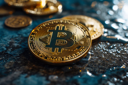 Golden Bitcoin coins stacked on a reflective surface, representing digital currency.の素材