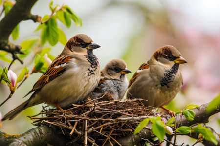 A family of sparrows nests snugly among the branches of a tree, as spring brings life to the natural world.の素材