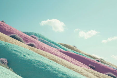 Rolling hills with vibrant pink and blue hues under a clear sky, creating a surreal landscape.の素材