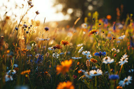 Assorted wildflowers catching the evening sunlight in a serene, open field.の素材