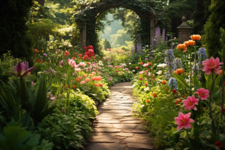 A sun-drenched pathway means through a colorful garden full of blooming flowers and majestic trees.の素材