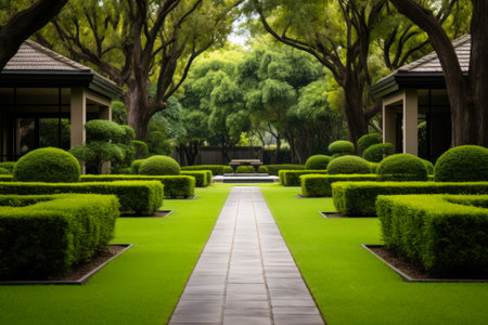 A perfectly manicured garden pathway lined with neatly trimmed topiary hedges under a canopy of trees.の素材