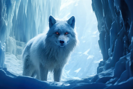 A mystical white wolf stands in an ice cave, its gaze intense under the ethereal blue light.の素材