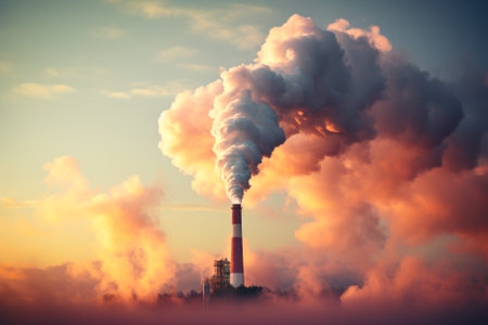 Smokestacks towering into a sky with dramatic clouds at dusk, symbolizing industrial impact on the environment.の素材