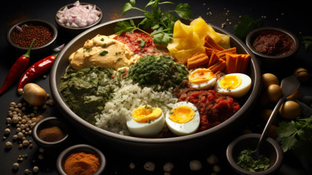 A diverse spread of African dishes featuring rice, eggs, and vibrant vegetables in a traditional feast setup.の素材