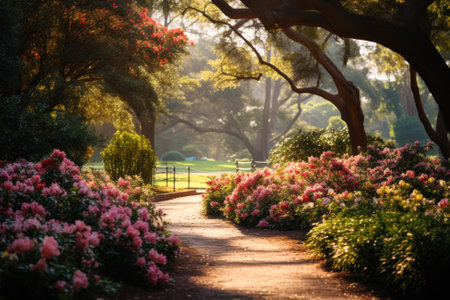 A sun-drenched pathway means through a colorful garden full of blooming flowers and majestic trees.の素材