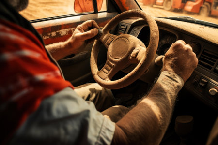 Close-up of a man's dusty hands gripping the steering wheel of an off-road vehicle.の素材