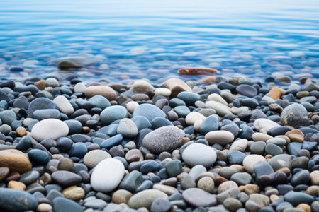 A variety of smooth pebbles along a calm lake shoreline, with a gradient of blue waters.の素材