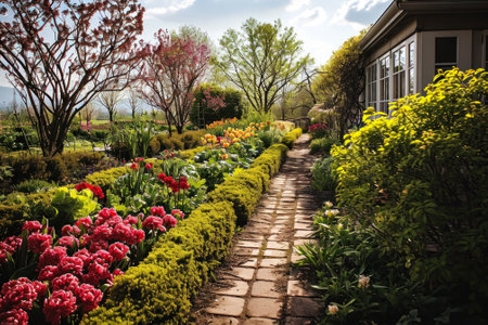 A lush garden pathway lined with vibrant flowers and trees, inviting a peaceful walk in a serene environment.の素材