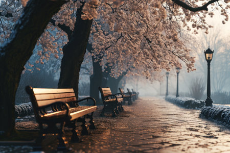 A tranquil winter scene with benches lining a foggy park pathway, illuminated by a street lamp.の素材
