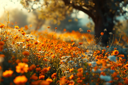 Vibrant orange wildflowers bask in the golden sunlight, with a dreamy forest backdrop.の素材