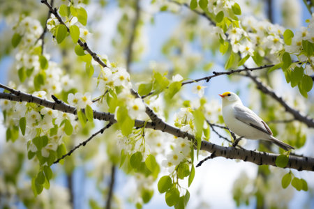 A white bird perches on a branch amid the fresh bloom of spring, surrounded by white flowers and green leaves.の素材