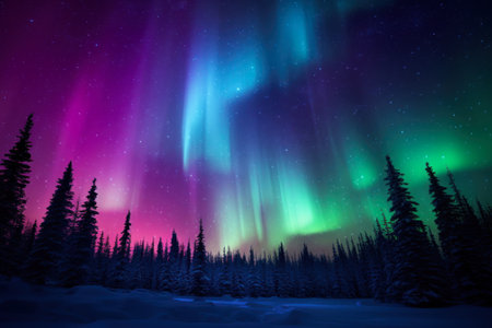 A snowy road leads into a forest under the mesmerizing colors of the Aurora Borealis at night.の素材