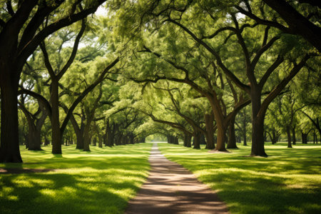 A dappled light pathway through a vibrant green park, inviting a peaceful walk beneath the tall trees.の素材
