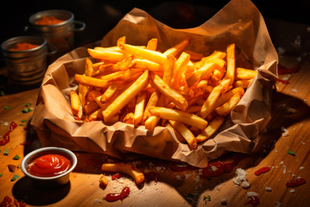 Delicious gourmet French fries in a paper cone, accompanied by ketchup, in a casual dining setting.の素材