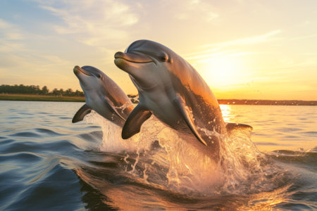 A pair of dolphins jumping in unison above calm sea waters against the warm glow of a sunset sky.の素材