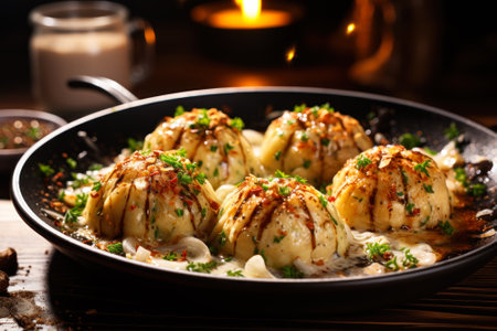 Juicy steamed dumplings in a pan, garnished with spices and herbs, ready to be enjoyed.の素材
