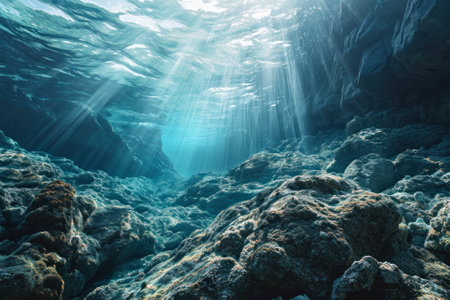 Light rays cascade into the depths of a crystal blue ocean, revealing the silent beauty of underwater caves.の素材